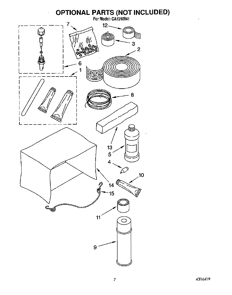 OPTIONAL PARTS (NOT INCLUDED) Diagram and Parts List for CA12WR41  Crosley Air Conditioner