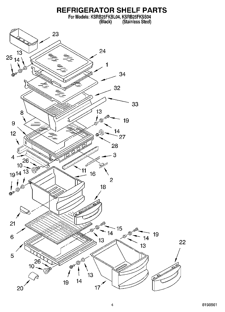 REFRIGERATOR SHELF PARTS Diagram and Parts List for KSRB25FKBL04  KitchenAid Refrigerator