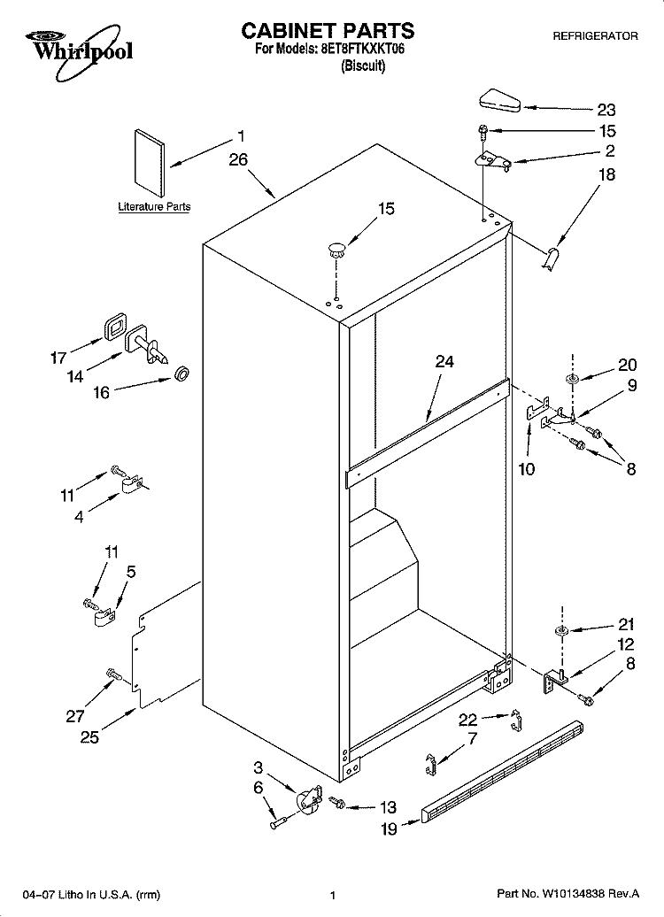 CABINET PARTS Diagram and Parts List for 8ET8FTKXKT06  Whirlpool Refrigerator