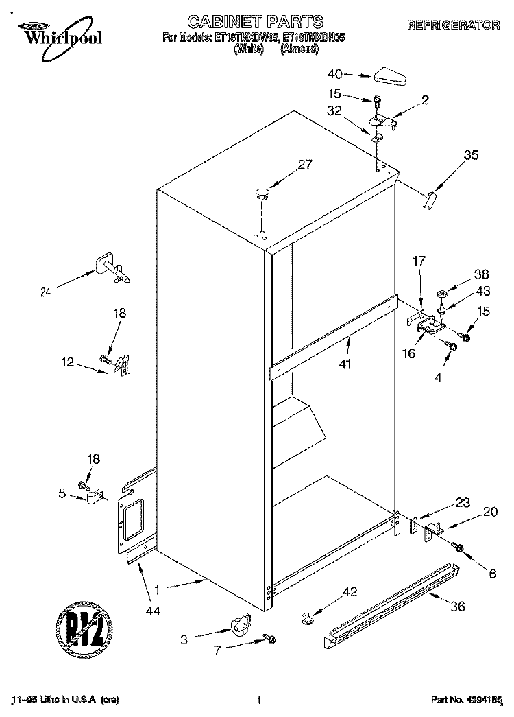 CABINET Diagram and Parts List for ET18TMXDN05  Whirlpool Refrigerator