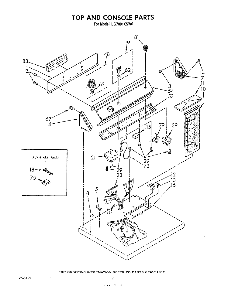 TOP AND CONSOLE , LITERATURE AND OPTIONAL Diagram and Parts List for LG7001XSW0  Whirlpool Dryer