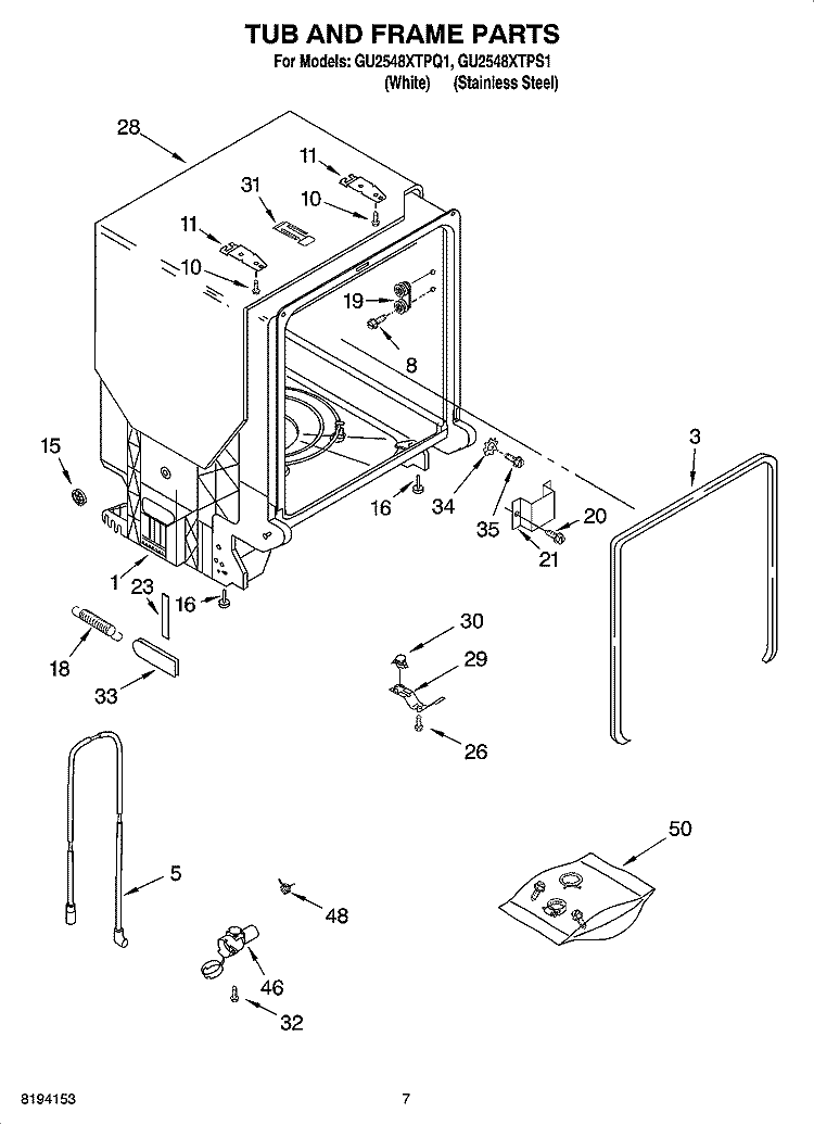 TUB AND FRAME PARTS Diagram and Parts List for GU2548XTPS1  Whirlpool Dishwasher
