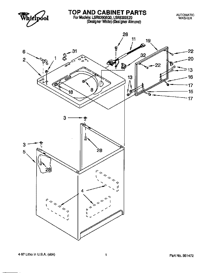 TOP AND CABINET Diagram and Parts List for LSR8300EQ0  Whirlpool Washer