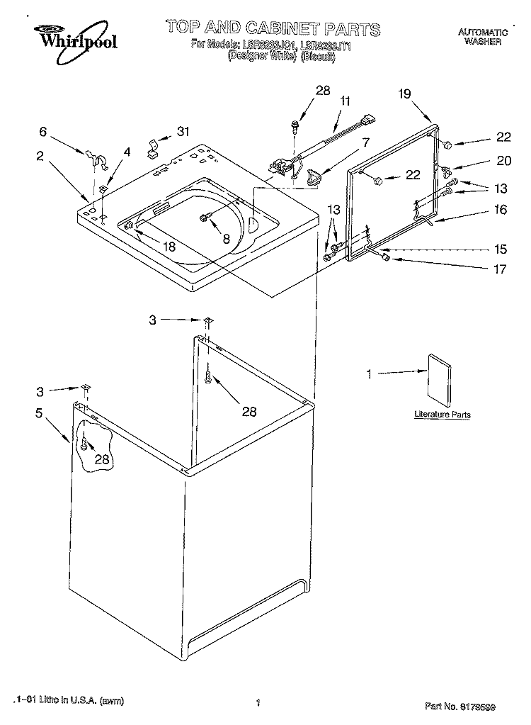 TOP AND CABINET, LITERATURE Diagram and Parts List for LSR8233JT1  Whirlpool Washer