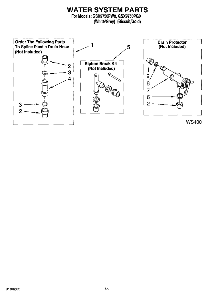 WATER SYSTEM PARTS Diagram and Parts List for GSX9750PW0  Whirlpool Washer