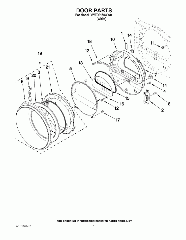 DOOR PARTS Diagram and Parts List for YWED9150WW0  Whirlpool Dryer