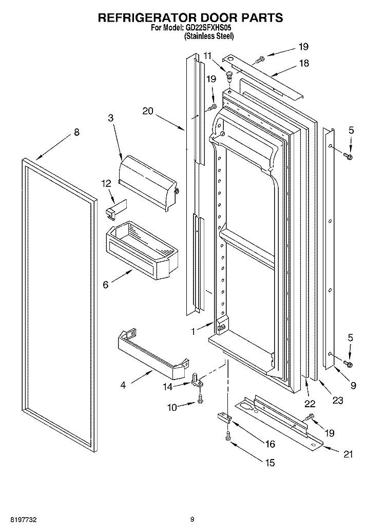 REFRIGERATOR DOOR Diagram and Parts List for GD22SFXHS05  Whirlpool Refrigerator