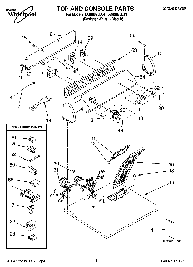 TOP AND CONSOLE PARTS Diagram and Parts List for LGR5636LT1  Whirlpool Dryer