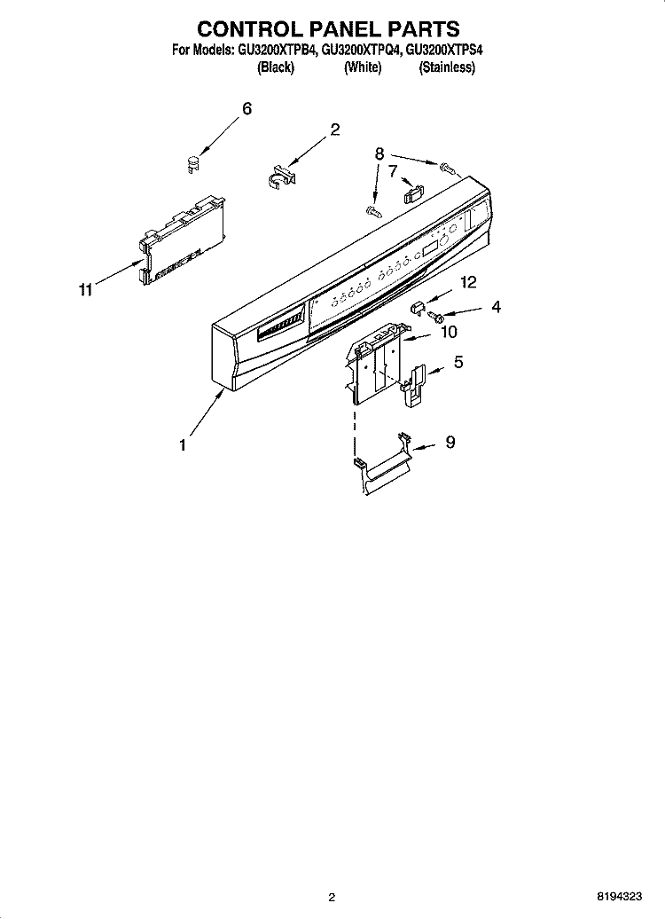 CONTROL PANEL PARTS Diagram and Parts List for GU3200XTPS4  Whirlpool Dishwasher