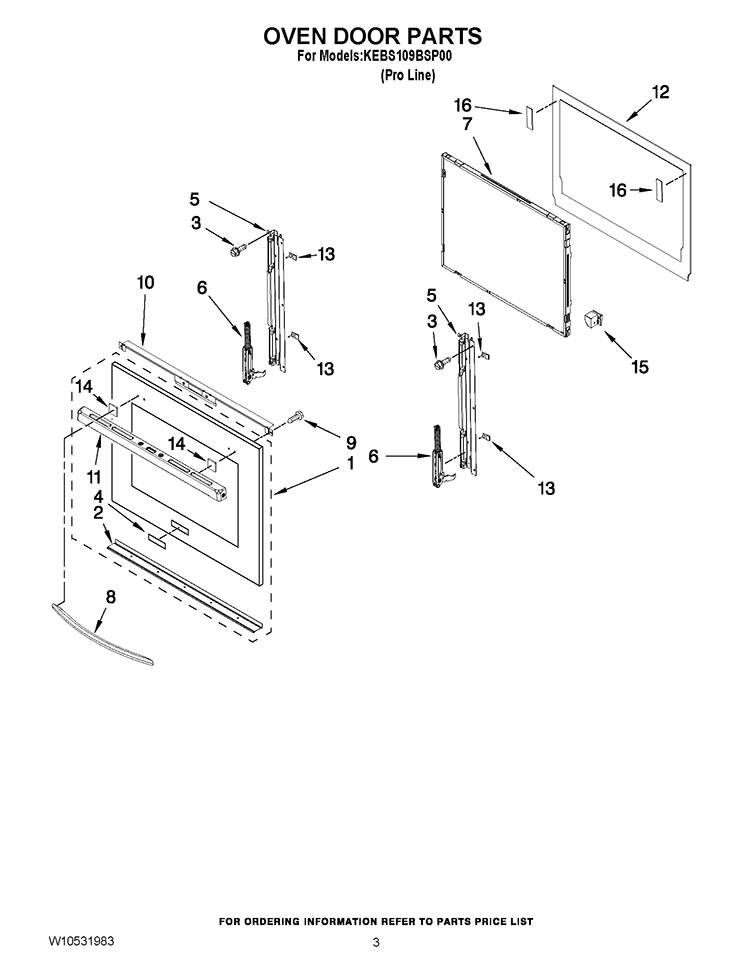 OVEN DOOR PARTS Diagram and Parts List for KEBS109BSP00  KitchenAid Wall Oven