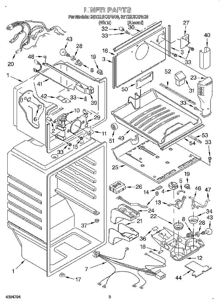 LINER Diagram and Parts List for 3ET22DKXFW00  Whirlpool Refrigerator