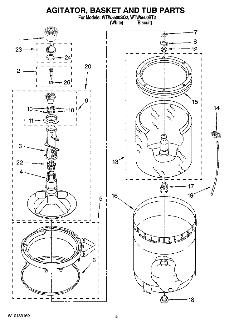 AGITATOR, BASKET AND TUB PARTS Diagram and Parts List for WTW5500ST2  Whirlpool Washer