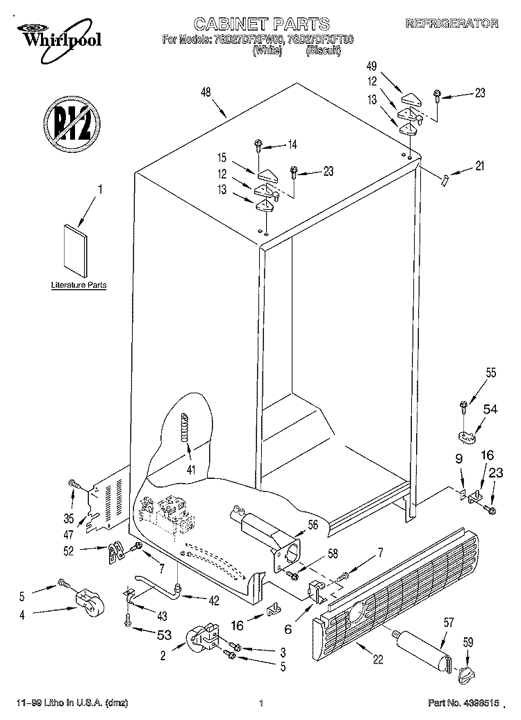 CABINET, LITERATURE Diagram and Parts List for 7GD27DFXFT00  Whirlpool Refrigerator