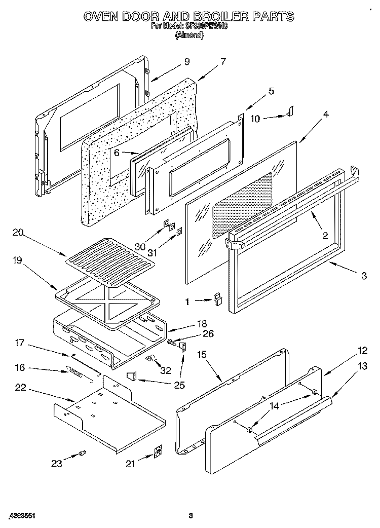 OVEN DOOR AND BROILER Diagram and Parts List for SF330PEWN8  Whirlpool Range