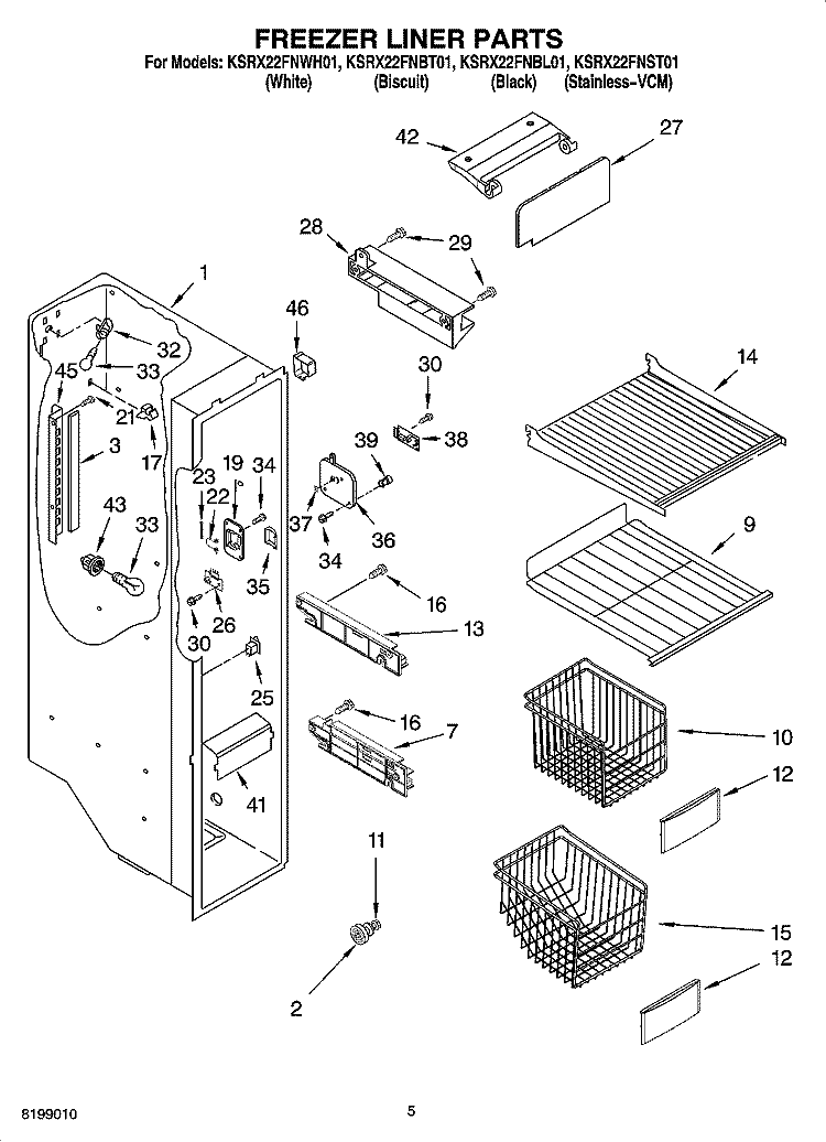 FREEZER LINER PARTS Diagram and Parts List for KSRX22FNST01  KitchenAid Refrigerator