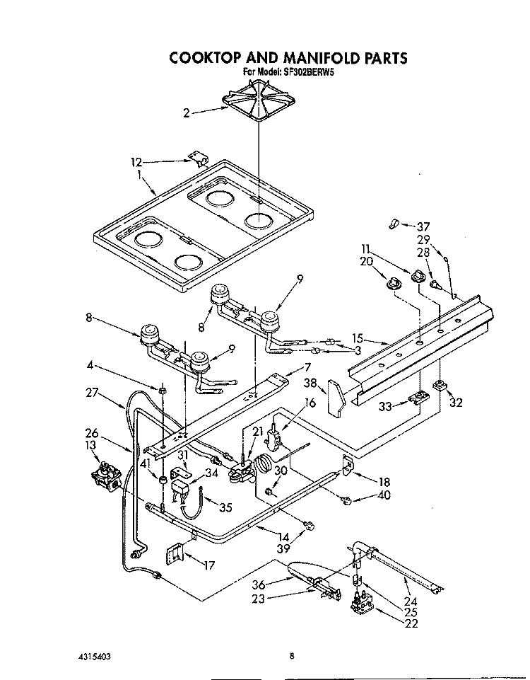 COOKTOP AND MANIFOLD , LIT/OPTIONAL Diagram and Parts List for SF302BERW5  Whirlpool Range