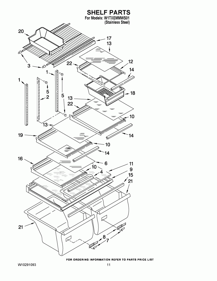 SHELF PARTS Diagram and Parts List for W1TXEMMWS01  Whirlpool Refrigerator