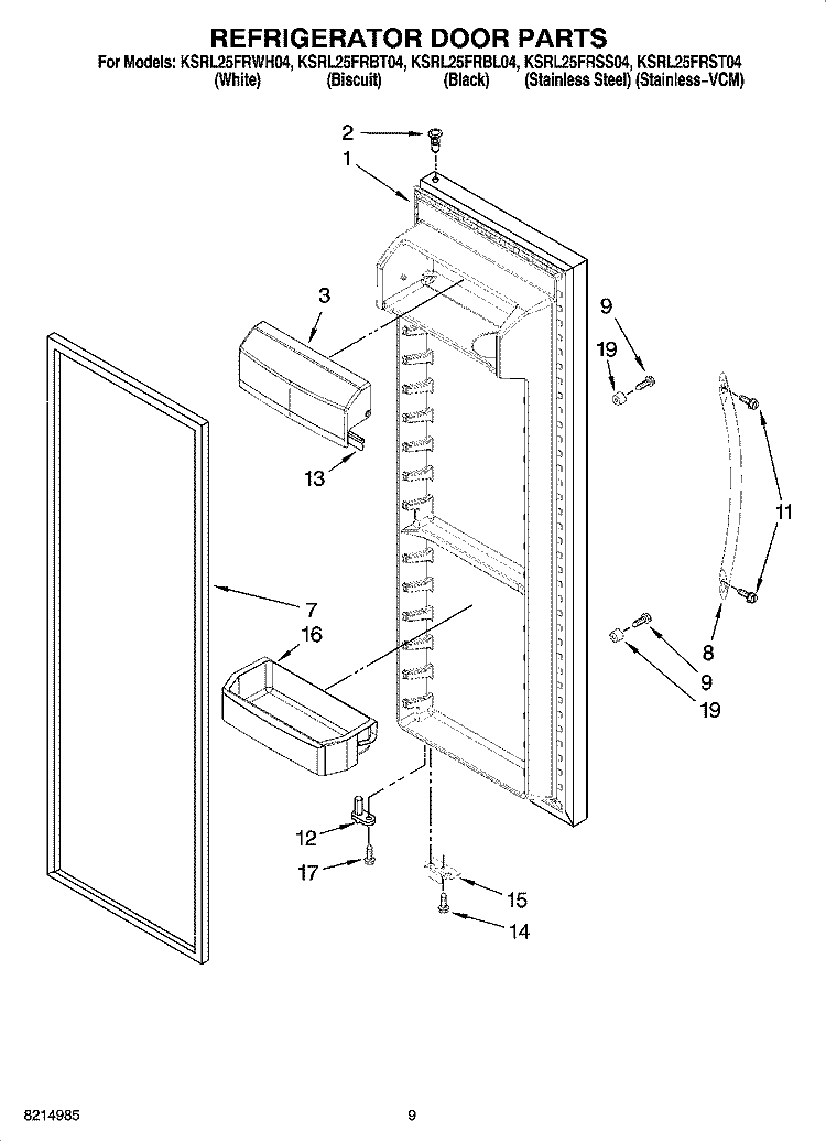 REFRIGERATOR DOOR PARTS Diagram and Parts List for KSRL25FRWH04  KitchenAid Refrigerator