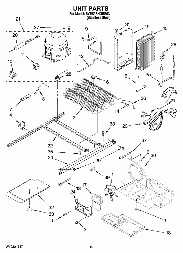 UNIT PARTS Diagram and Parts List for 5VES3FHGRS03  Whirlpool Refrigerator