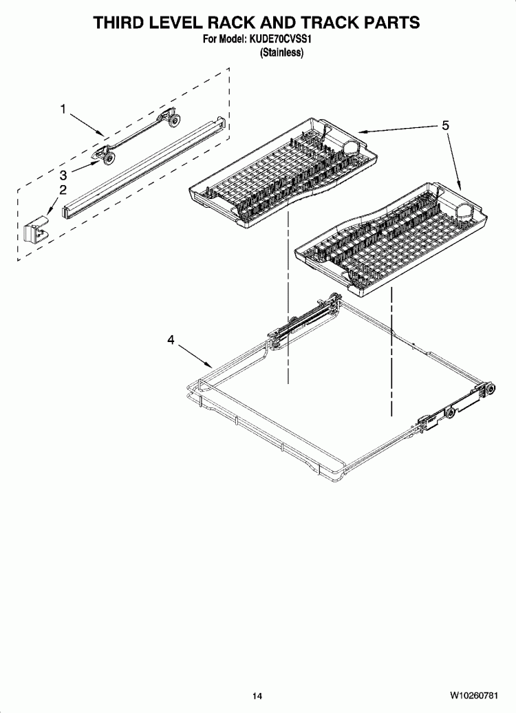 THIRD LEVEL RACK AND TRACK PARTS Diagram and Parts List for KUDE70CVSS1  KitchenAid Dishwasher