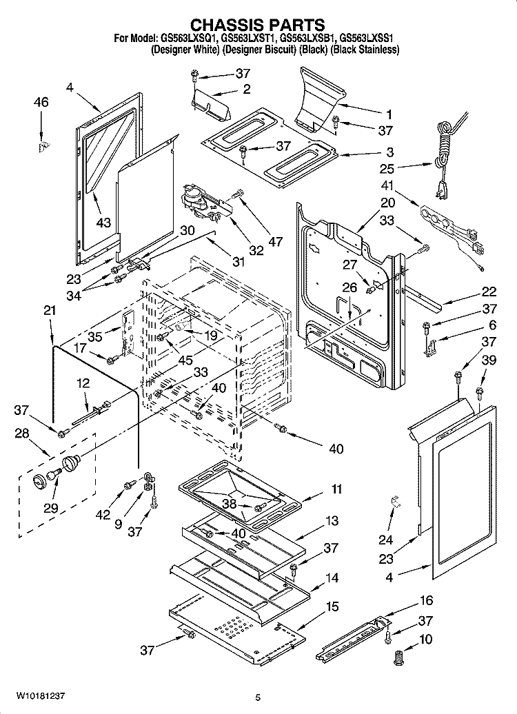 CHASSIS PARTS Diagram and Parts List for GS563LXSQ1  Whirlpool Range