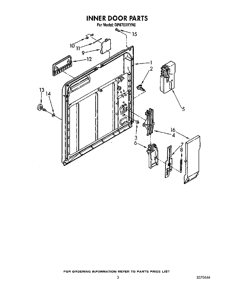 INNER DOOR Diagram and Parts List for DP8700XYN0  Whirlpool Dishwasher