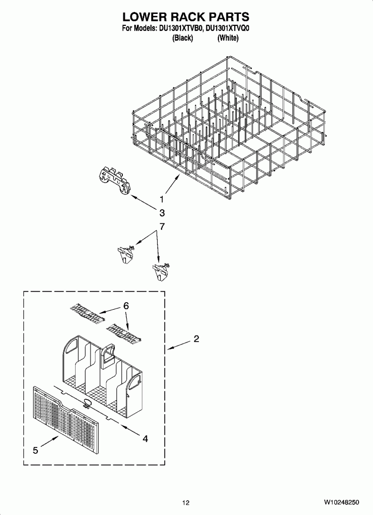LOWER RACK PARTS Diagram and Parts List for DU1301XTVB0  Whirlpool Dishwasher