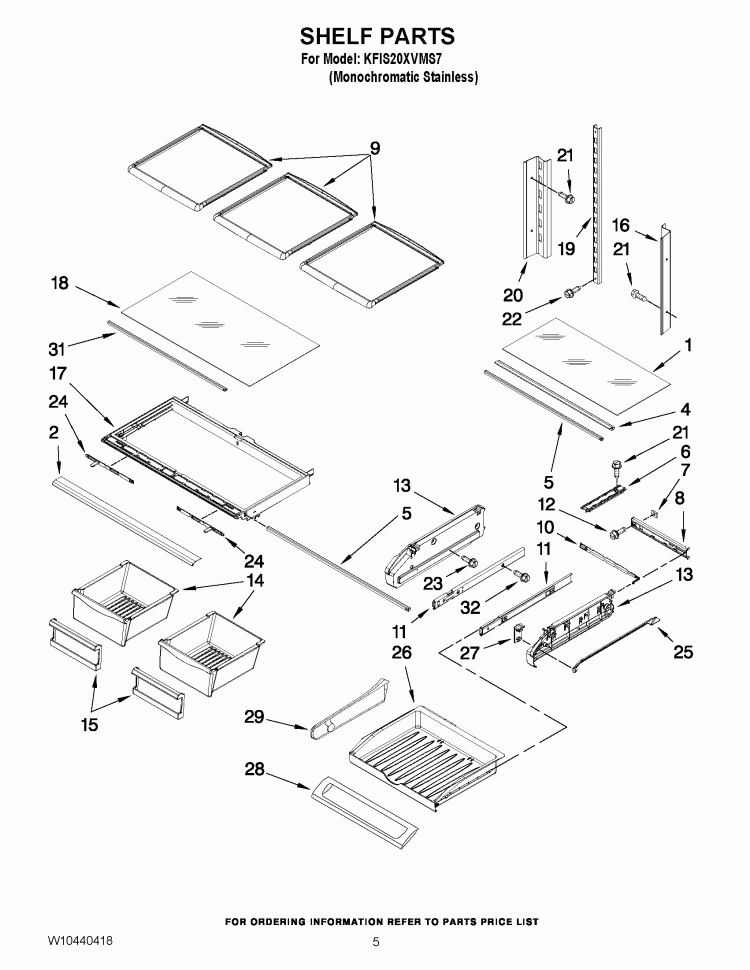 SHELF PARTS Diagram and Parts List for KFIS20XVMS7  KitchenAid Refrigerator