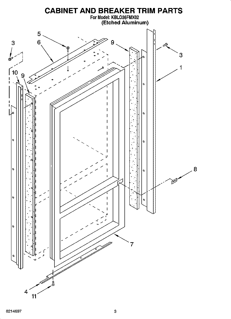 CABINET AND BREAKER TRIM PARTS Diagram and Parts List for KBLO36FMX02  KitchenAid Refrigerator