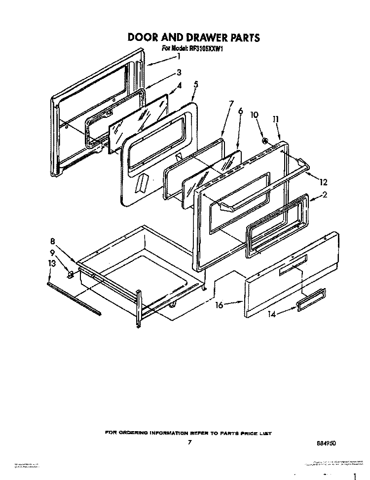 DOOR AND DRAWER Diagram and Parts List for RF3105XXW1  Whirlpool Range