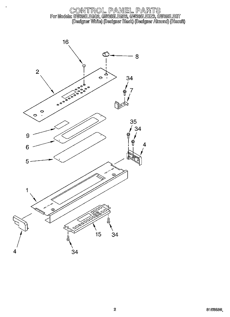CONTROL PANEL Diagram and Parts List for GW395LEGB3  Whirlpool Range