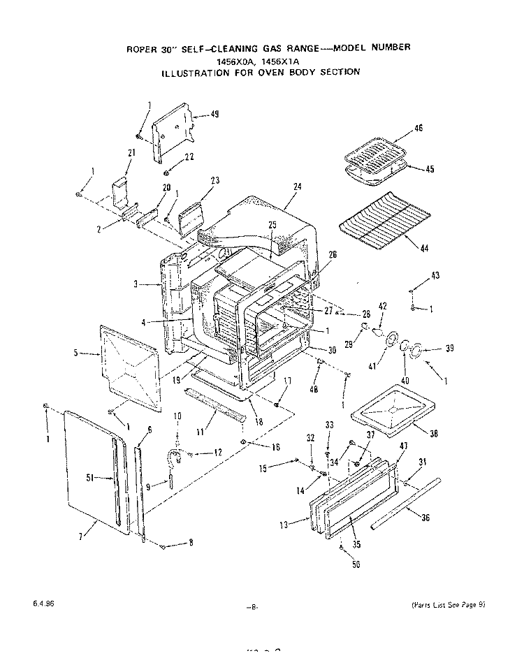 OVEN DOOR Diagram and Parts List for 1456X1A  Roper Range