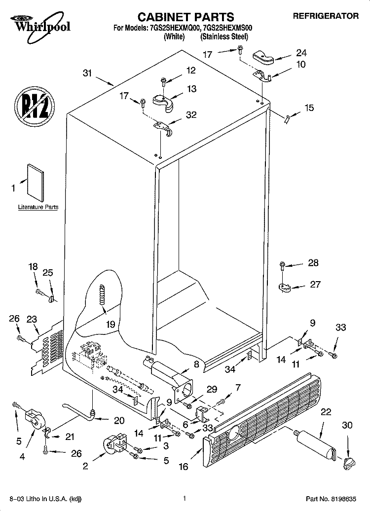 CABINET PARTS Diagram and Parts List for 7GS2SHEXMS00  Whirlpool Refrigerator