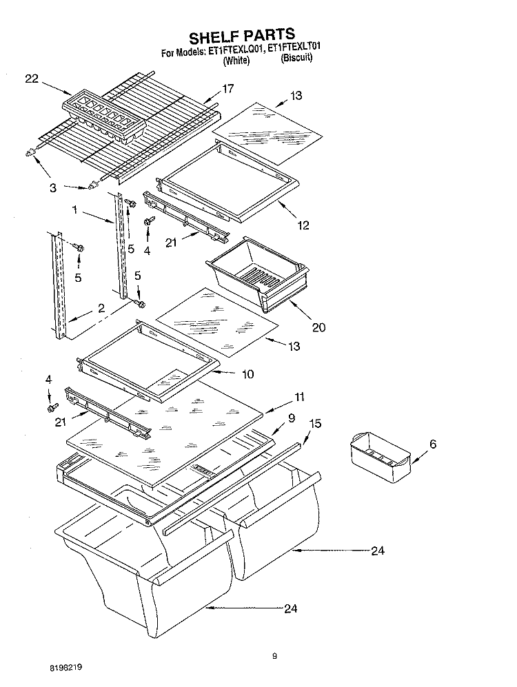 SHELF, OPTIONAL Diagram and Parts List for ET1FTEXLT01  Whirlpool Refrigerator