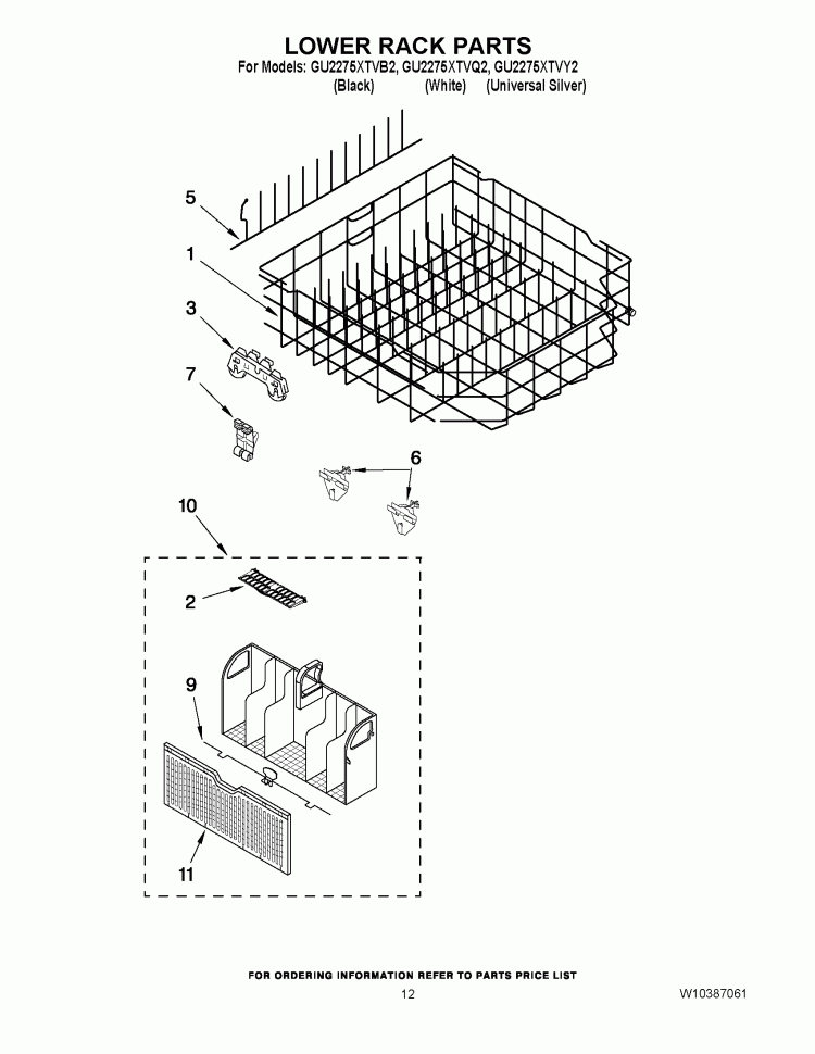 LOWER RACK PARTS Diagram and Parts List for GU2275XTVB2  Whirlpool Dishwasher