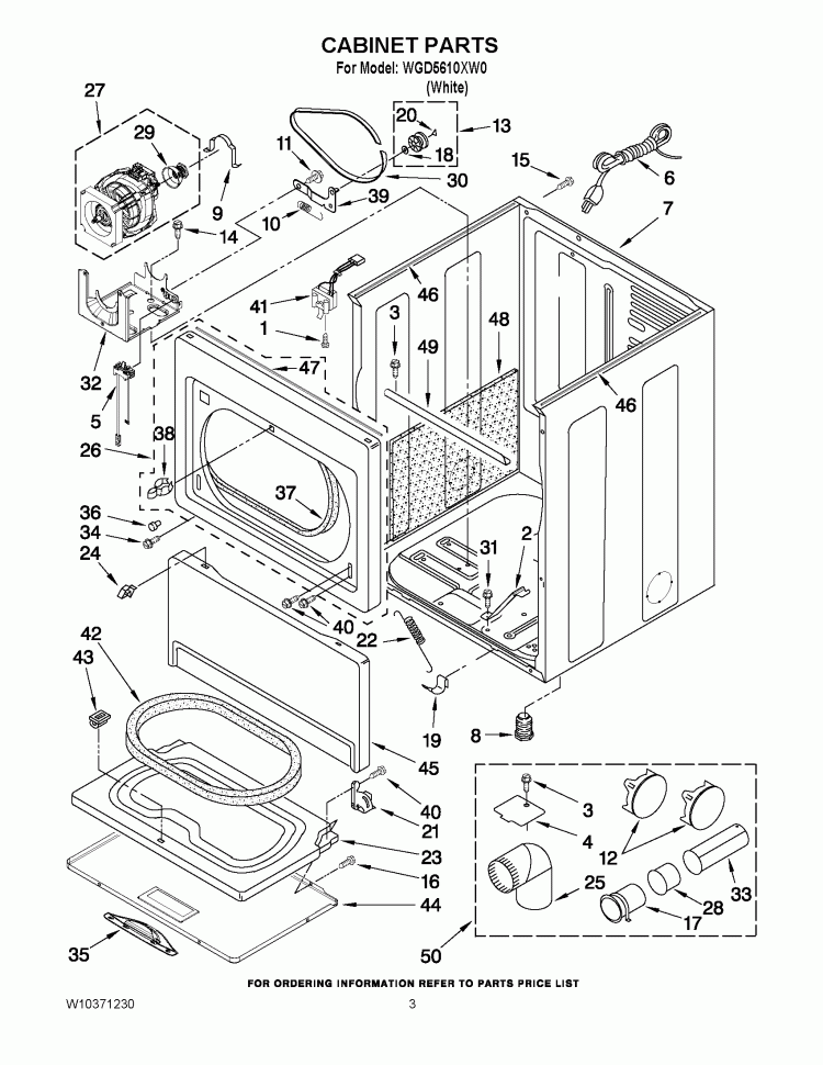 CABINET PARTS Diagram and Parts List for WGD5610XW0  Whirlpool Dryer