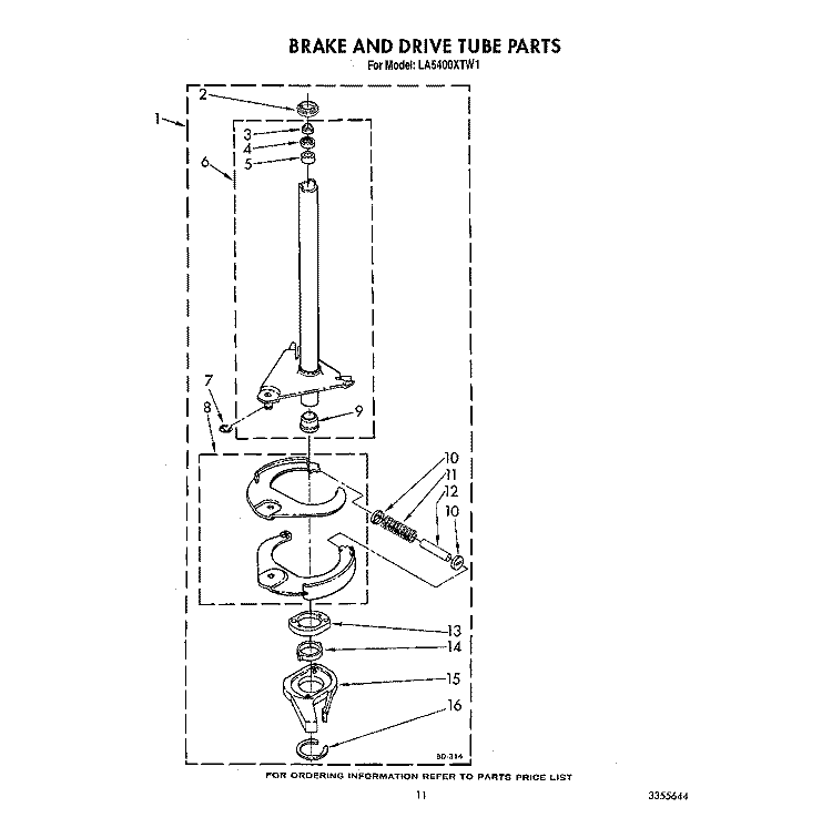 BRAKE AND DRIVE TUBE Diagram and Parts List for LA5400XTG1  Whirlpool Washer