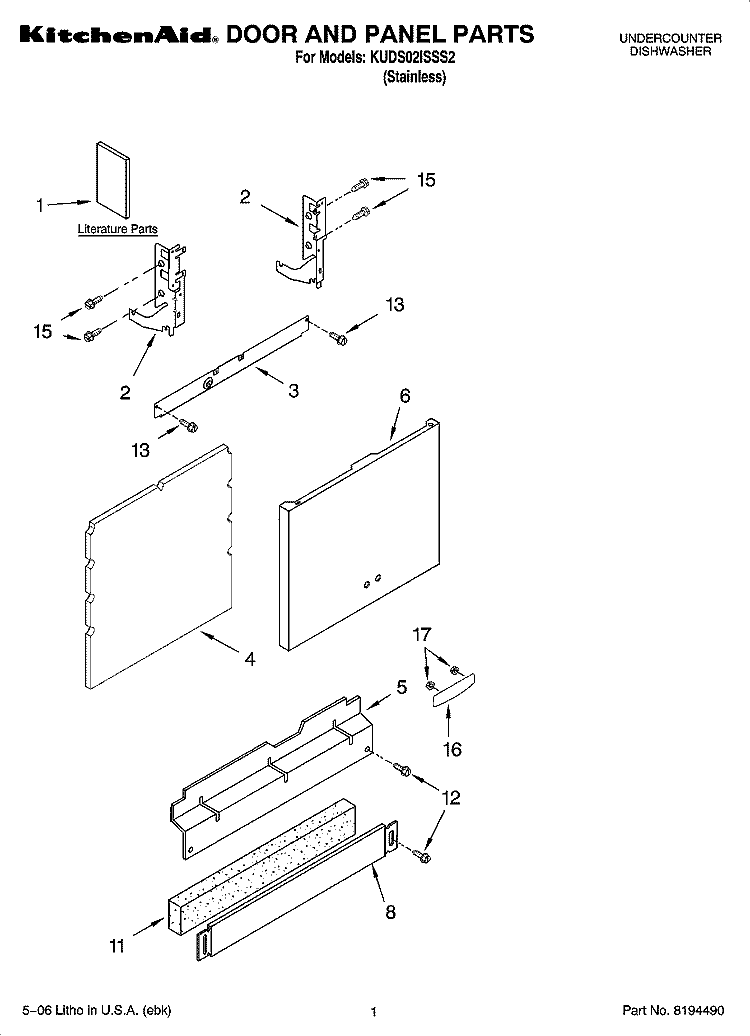 DOOR AND PANEL PARTS Diagram and Parts List for KUDS02ISSS2  KitchenAid Dishwasher