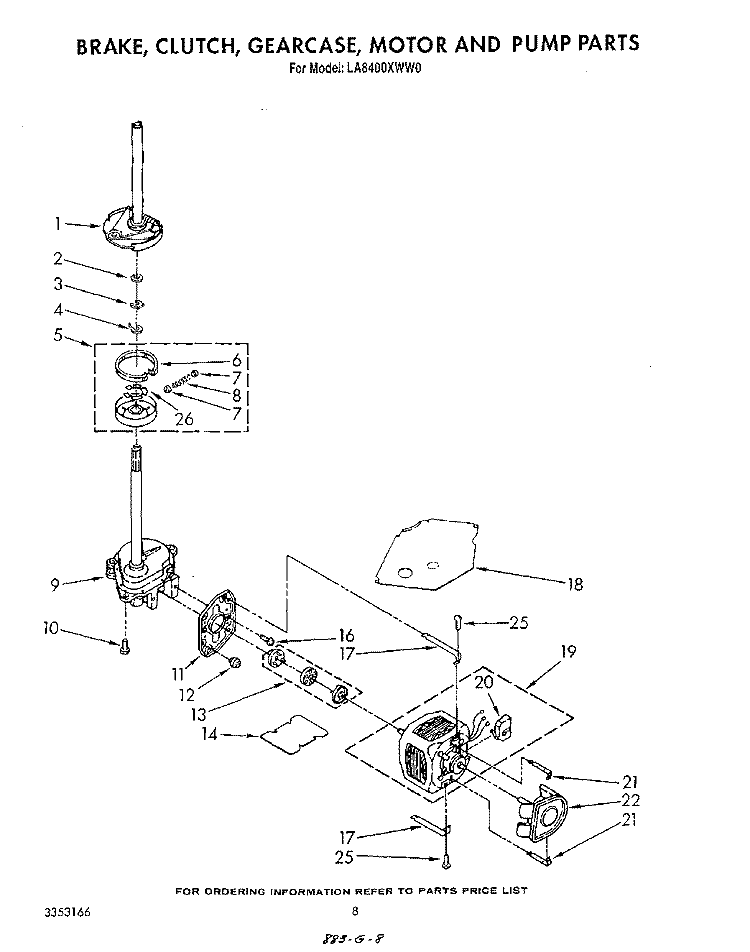 BRAKE, CLUTCH, GEARCASE, MOTOR AND PUMP Diagram and Parts List for LA8400XWF0  Whirlpool Washer