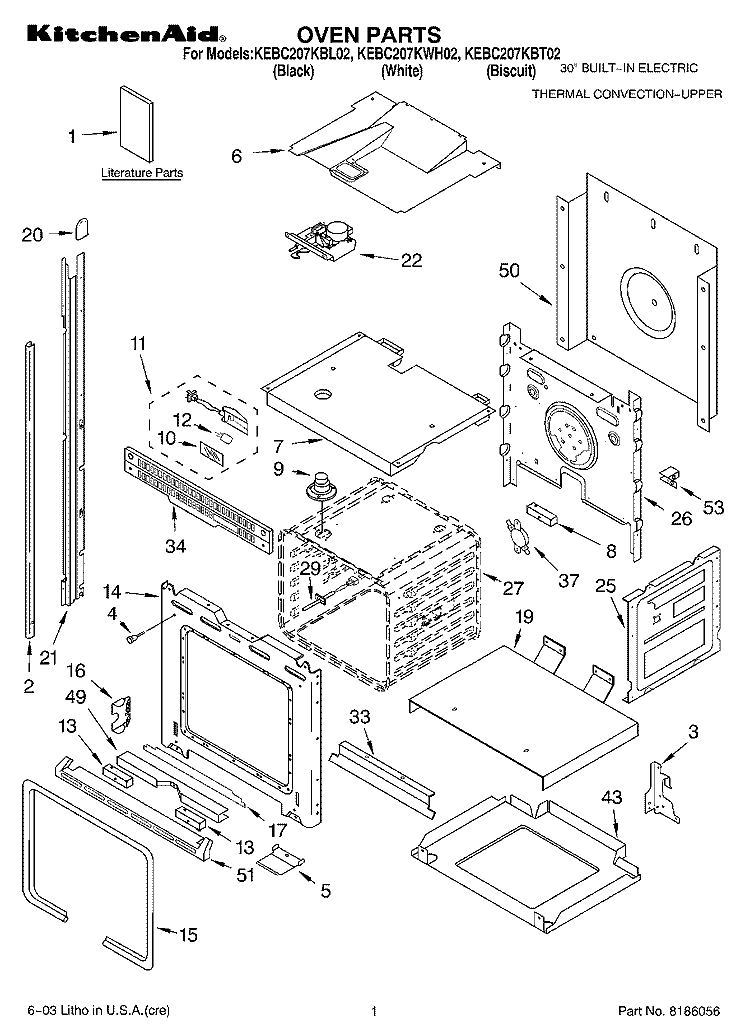 OVEN PARTS Diagram and Parts List for KEBC207KBL02  KitchenAid Wall Oven