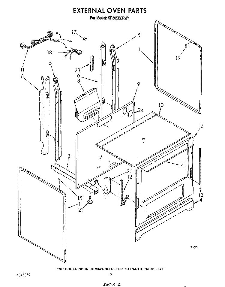 EXTERNAL OVEN Diagram and Parts List for SF305EERW4  Whirlpool Range