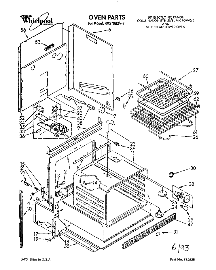 OVEN, LITERATURE Diagram and Parts List for RM278BXV7  Whirlpool Microwave Oven Combo