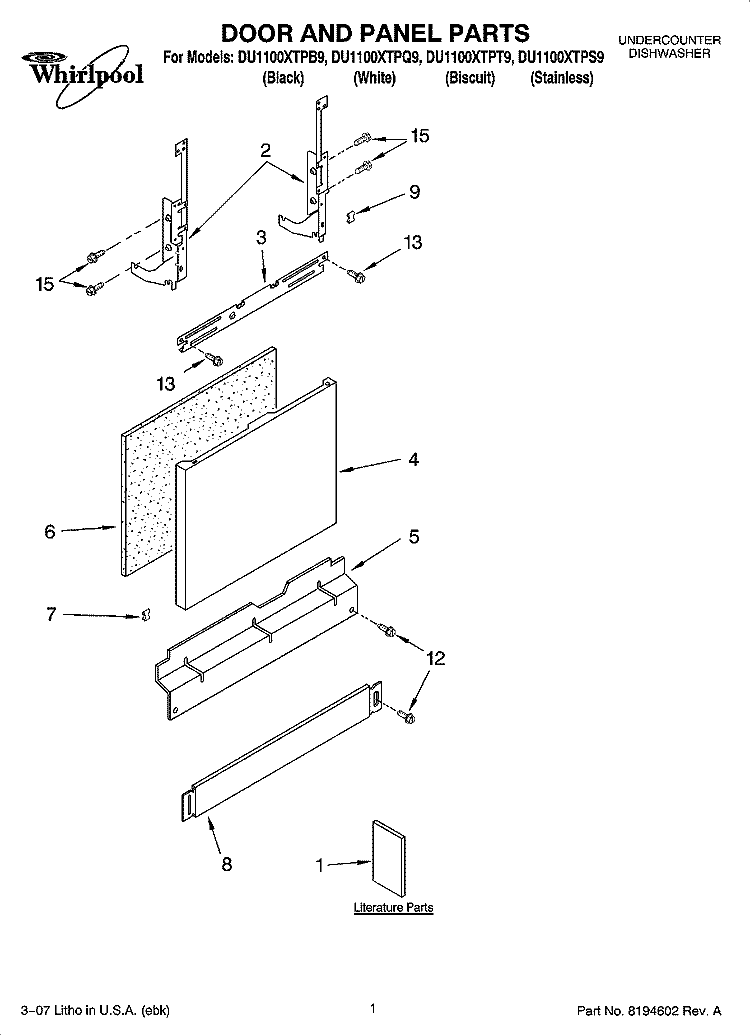DOOR AND PANEL PARTS Diagram and Parts List for DU1100XTPQ9  Whirlpool Dishwasher
