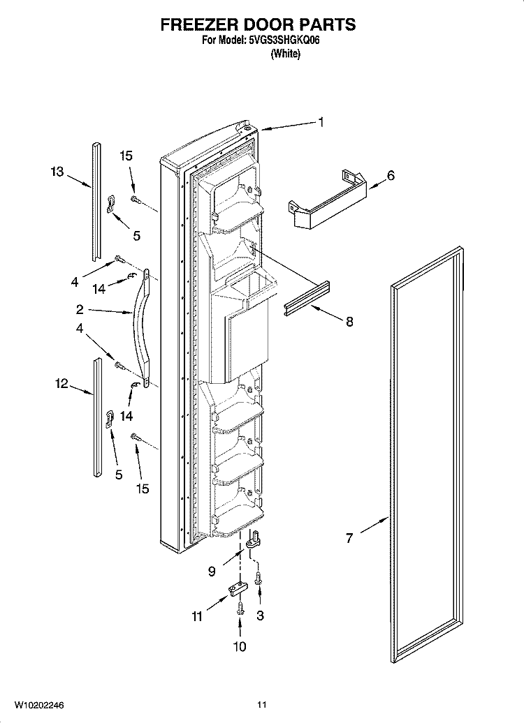 FREEZER DOOR PARTS Diagram and Parts List for 5VGS3SHGKQ06  Whirlpool Refrigerator