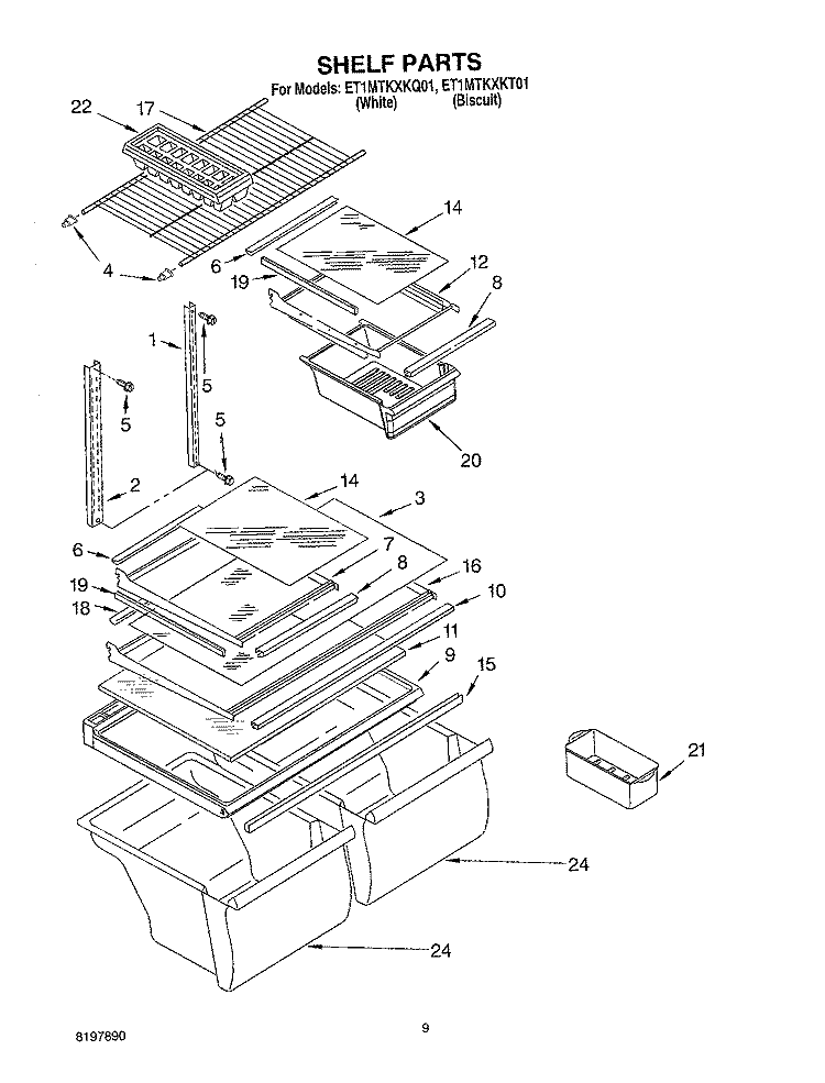 SHELF, OPTIONAL Diagram and Parts List for ET1MTKXKT01  Whirlpool Refrigerator