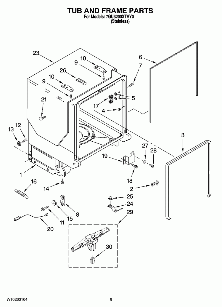 TUB AND FRAME PARTS Diagram and Parts List for 7GU3200XTVY0  Whirlpool Dishwasher