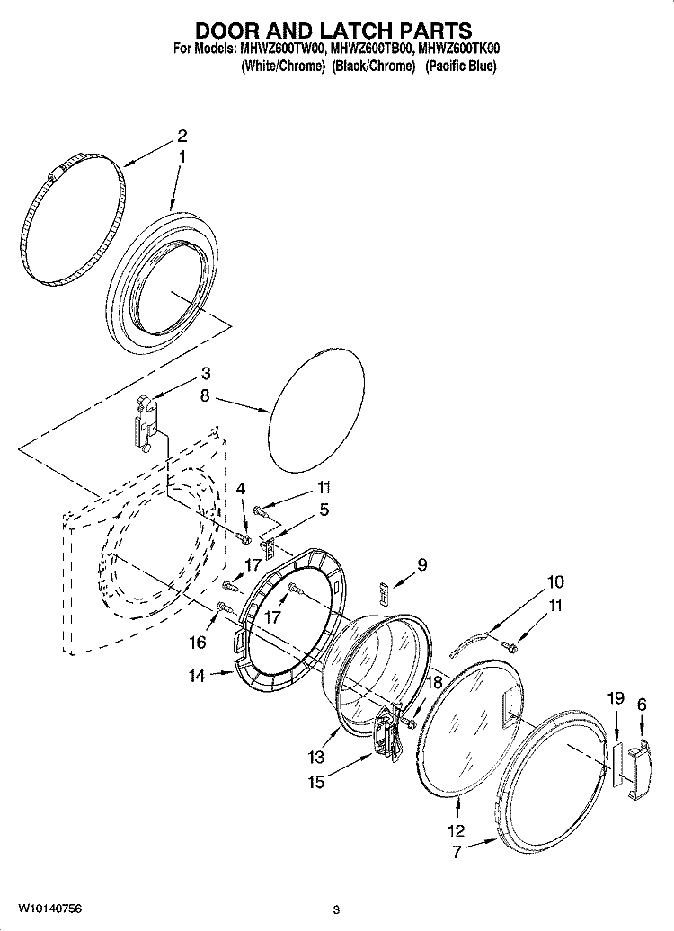 DOOR AND LATCH PARTS Diagram and Parts List for MHWZ600TB00  Whirlpool Washer