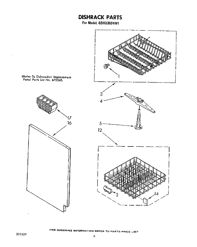 DISHRACK Diagram and Parts List for GSHU3024W1  Whirlpool Dishwasher