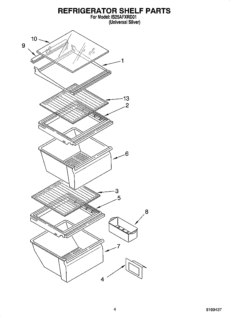 REFRIGERATOR SHELF PARTS Diagram and Parts List for IS25AFXRD01  Inglis Refrigerator