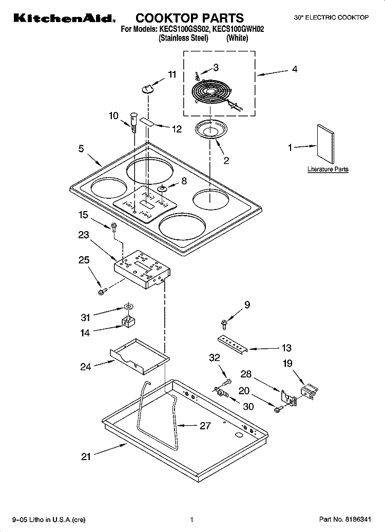 COOKTOP PARTS Diagram and Parts List for KECS100GSS02  KitchenAid Cooktop